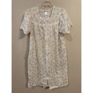 VINTAGE Elegant Emily House Dress Small White Floral Excellent Zipper Seersucker